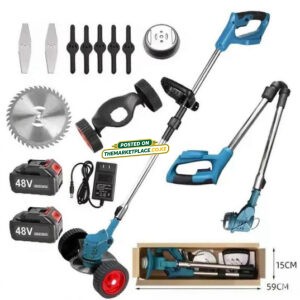 2-in-1 Cordless Grass Trimmer – Rechargeable Weed Cutter with 2 Batteries, 3 Blades & Wheels
