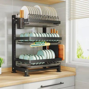 3TIER HEAVY DUTY ADJUSTABLE HEIGHT DISH DRYING RACK WITH DRAINBOARD, UTENSILS HOLDER